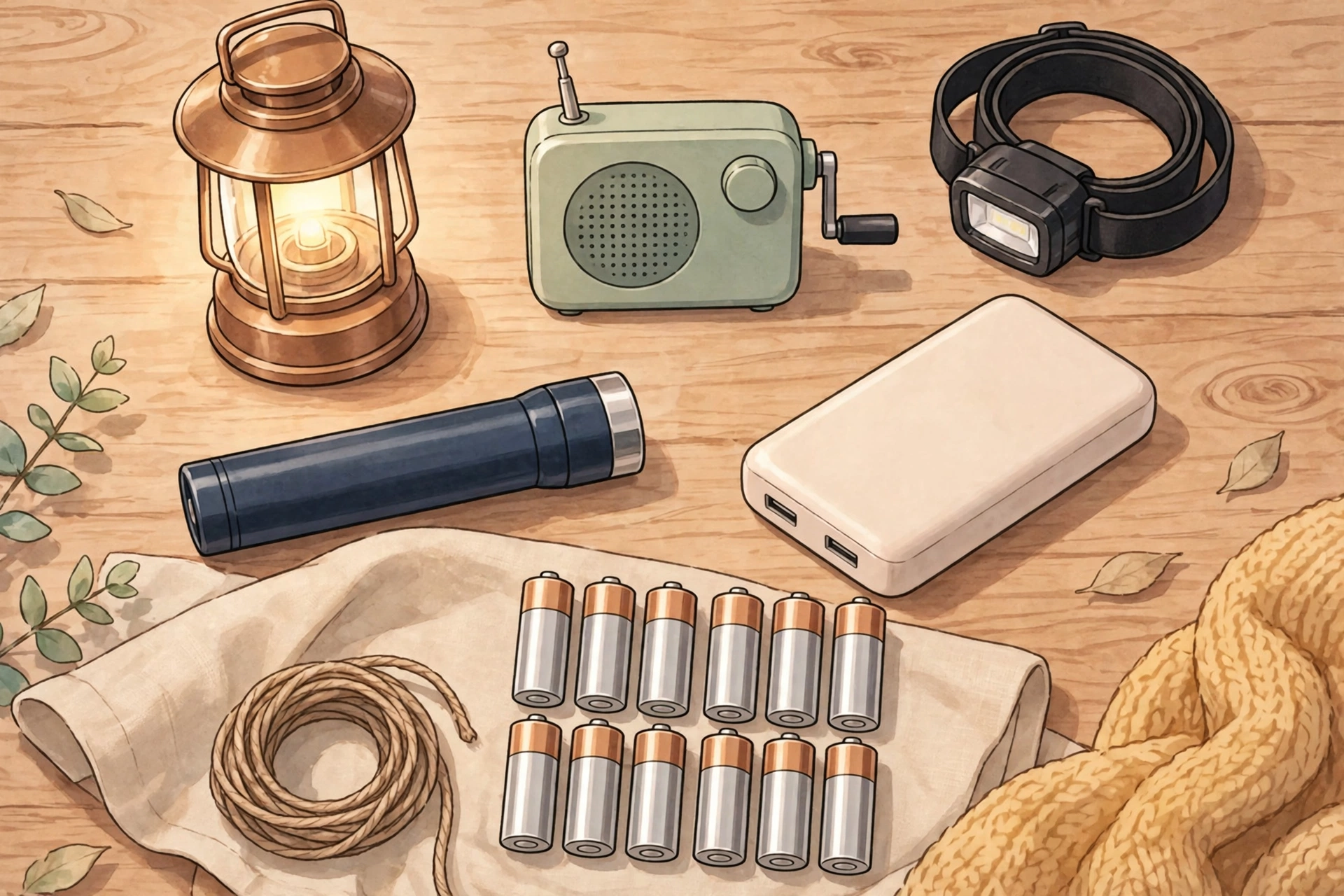 停電対策グッズ一式のイラスト