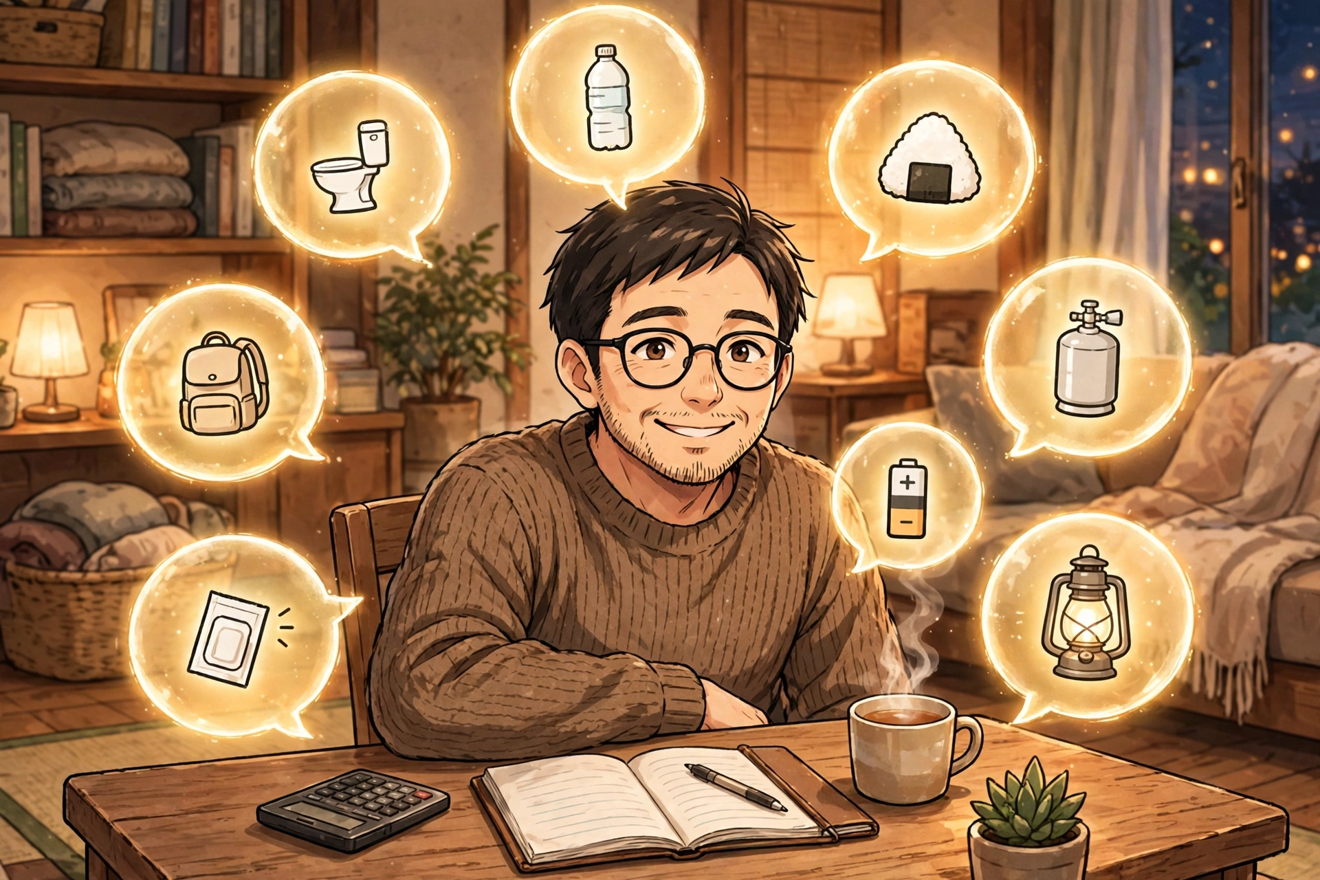 電卓とノートを前に、8つの備えのアイコンに囲まれる筆者のイラスト