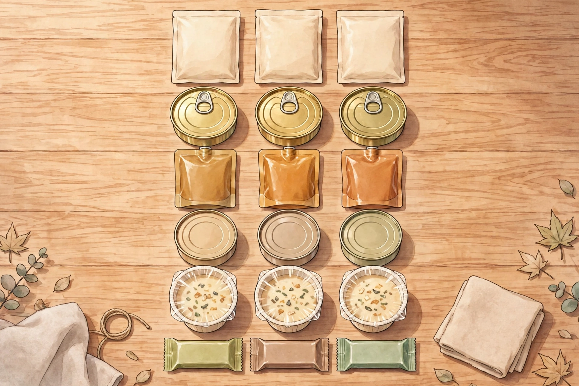 アルファ米・缶詰・レトルト・フリーズドライなど非常食の種類を並べたイラスト