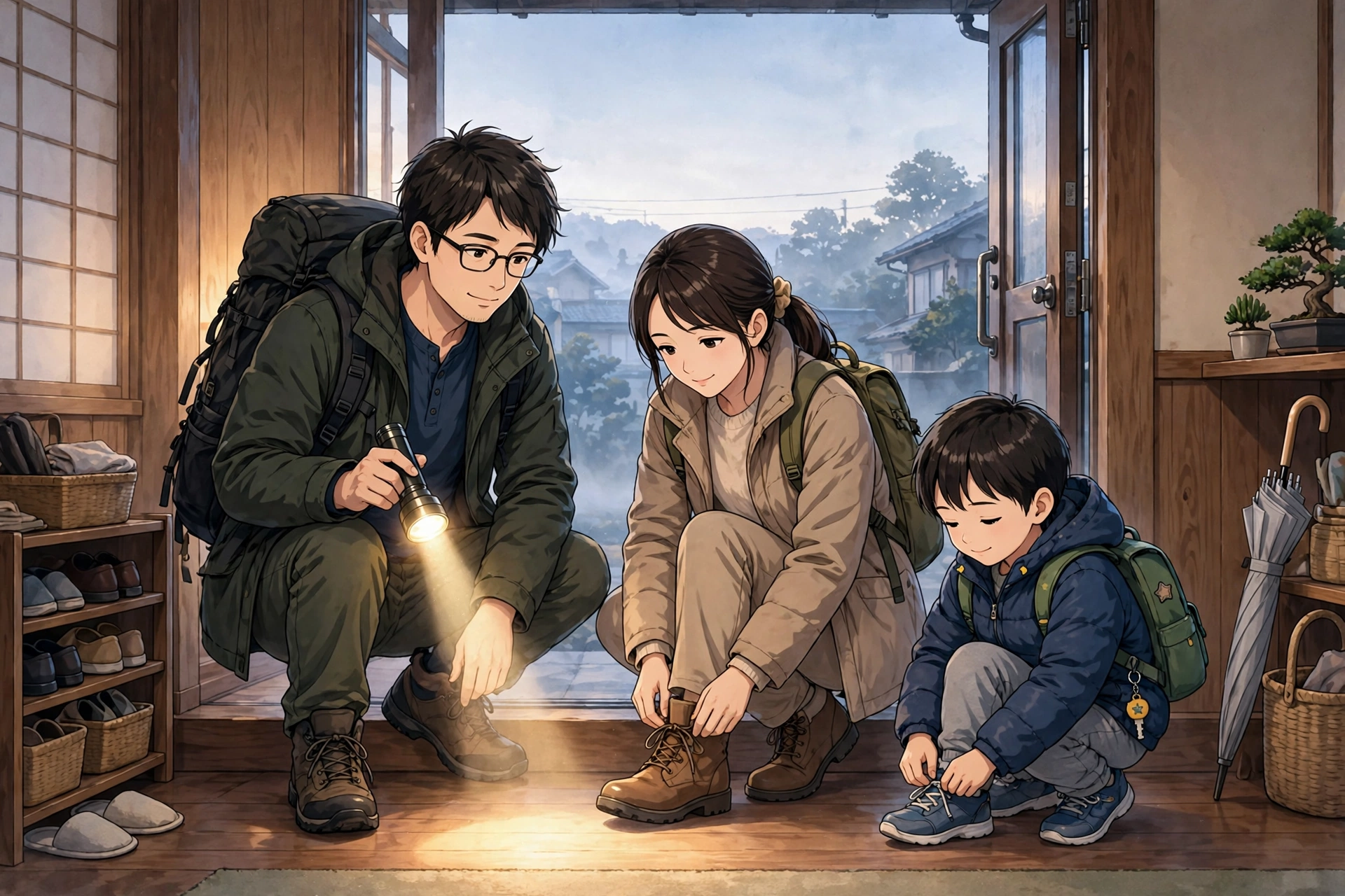玄関でリュックを背負い、避難の準備をする家族のイラスト
