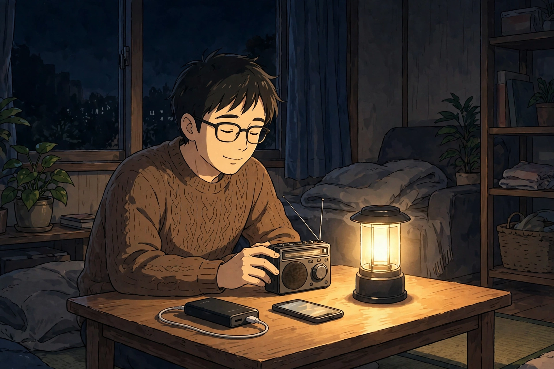 停電した夜にランタンの明かりでラジオを聴く男性のイラスト