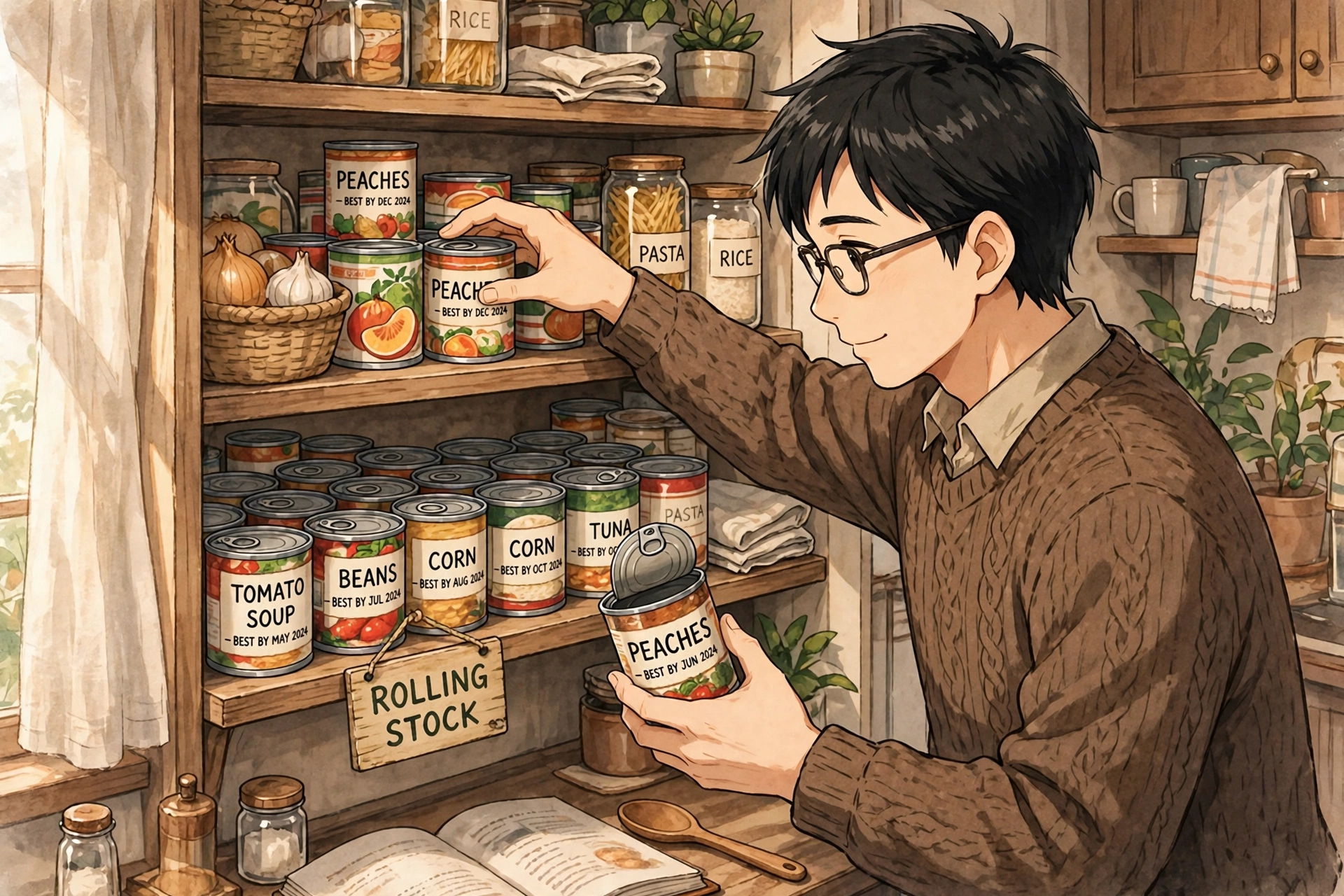 新しい缶詰を棚の奥へ入れ、古いものを手前から使うローリングストックのイラスト