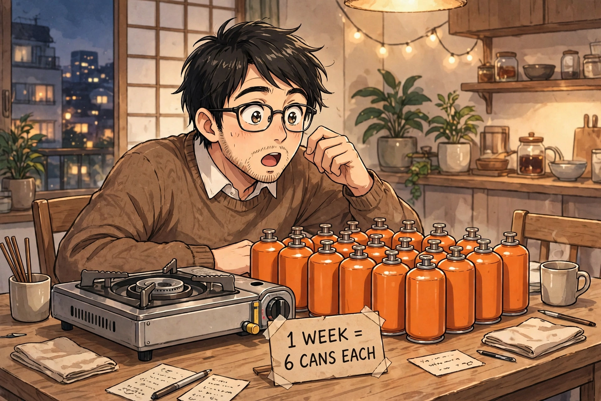 カセットボンベの必要本数に驚く男性のイラスト