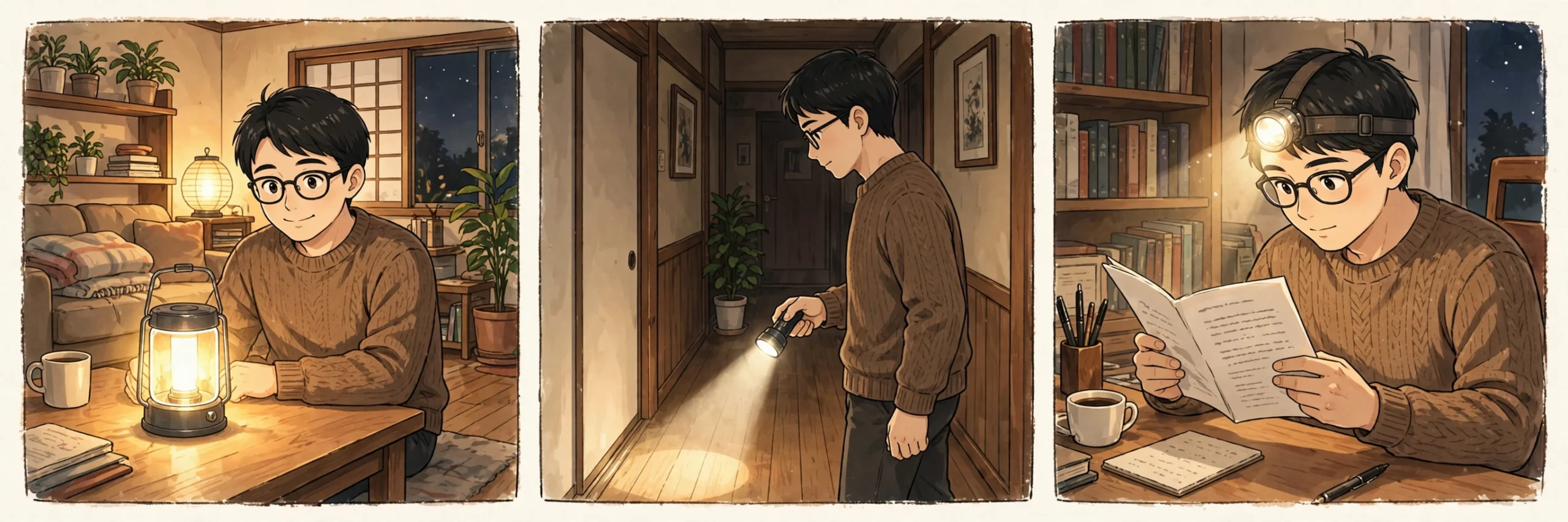 ランタン、懐中電灯、ヘッドライトの役割分担のイラスト