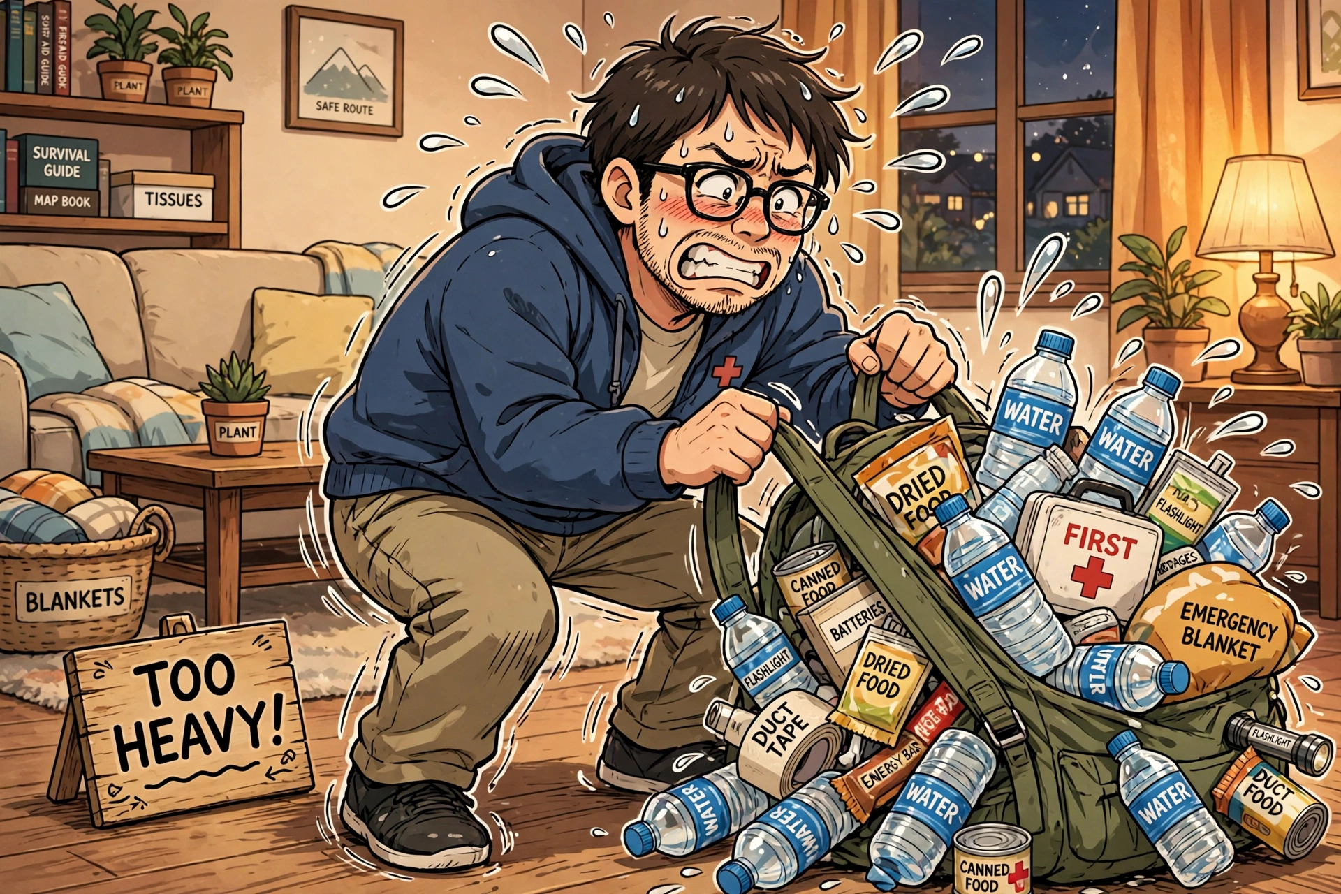 詰め込みすぎて重い非常用バッグを持ち上げようとする男性のイラスト