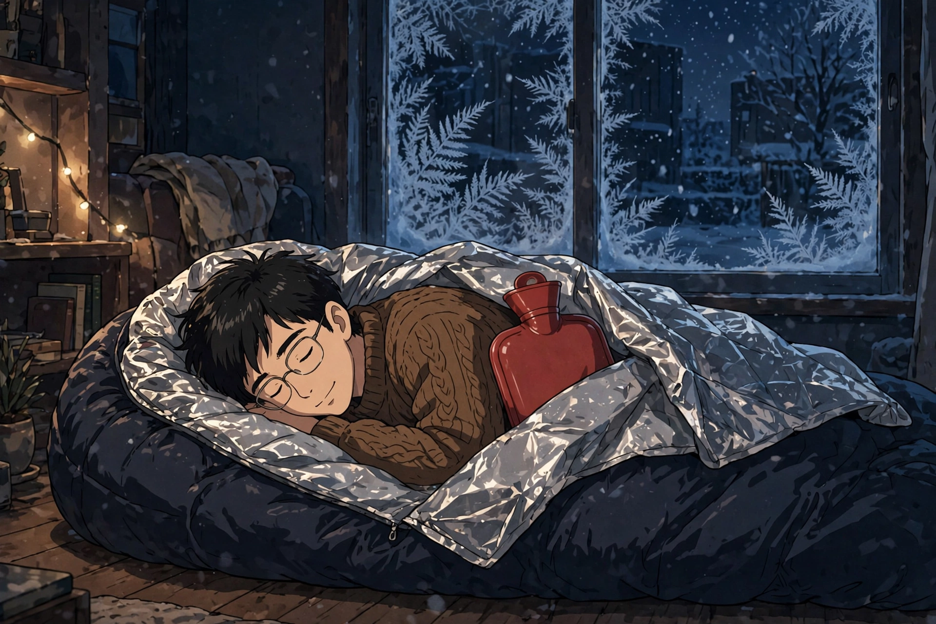 寝袋と湯たんぽで暖かく眠る男性のイラスト